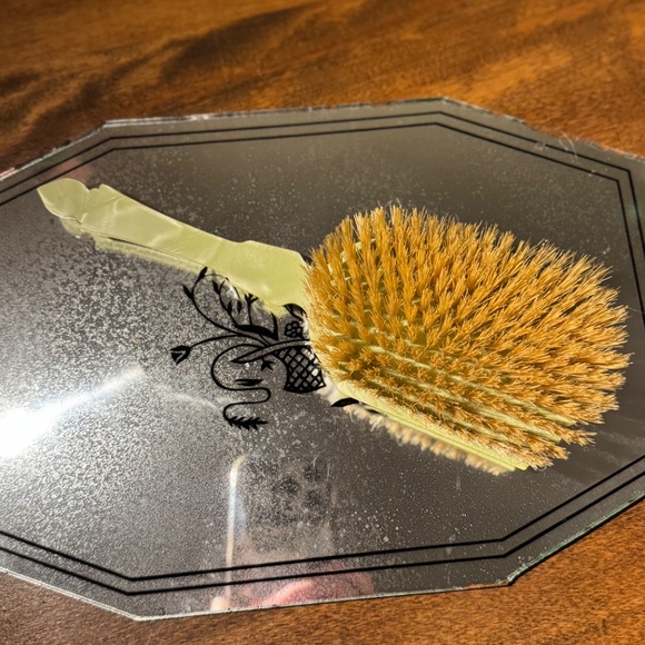 Vintage Art Deco 3pc Vanity Set Green Celluloid Mirror Tray & Unused Brush 1930s - Picture 10 of 12